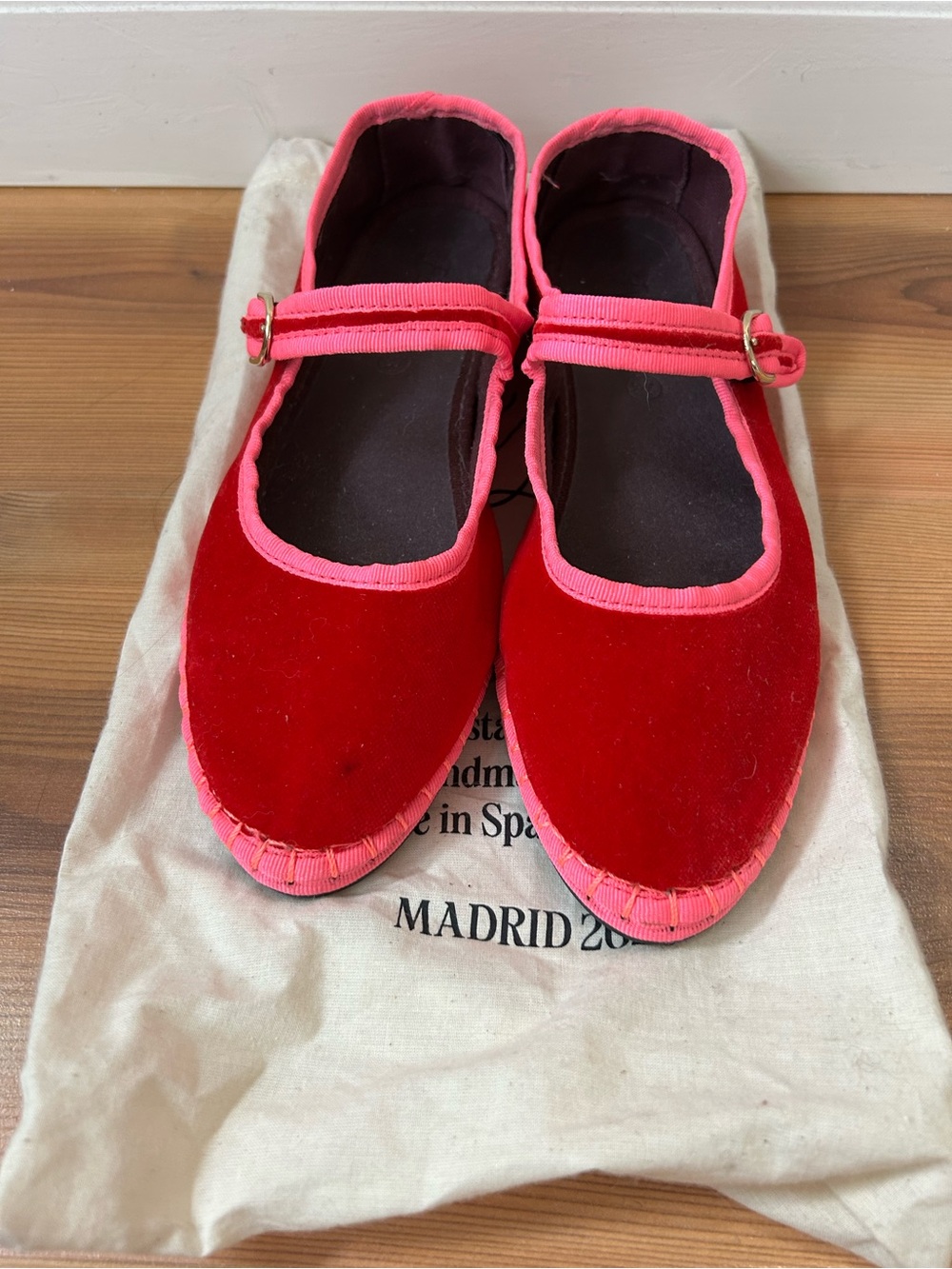 Flabelus Red Velvet Mary Jane Flats with Pink Trim